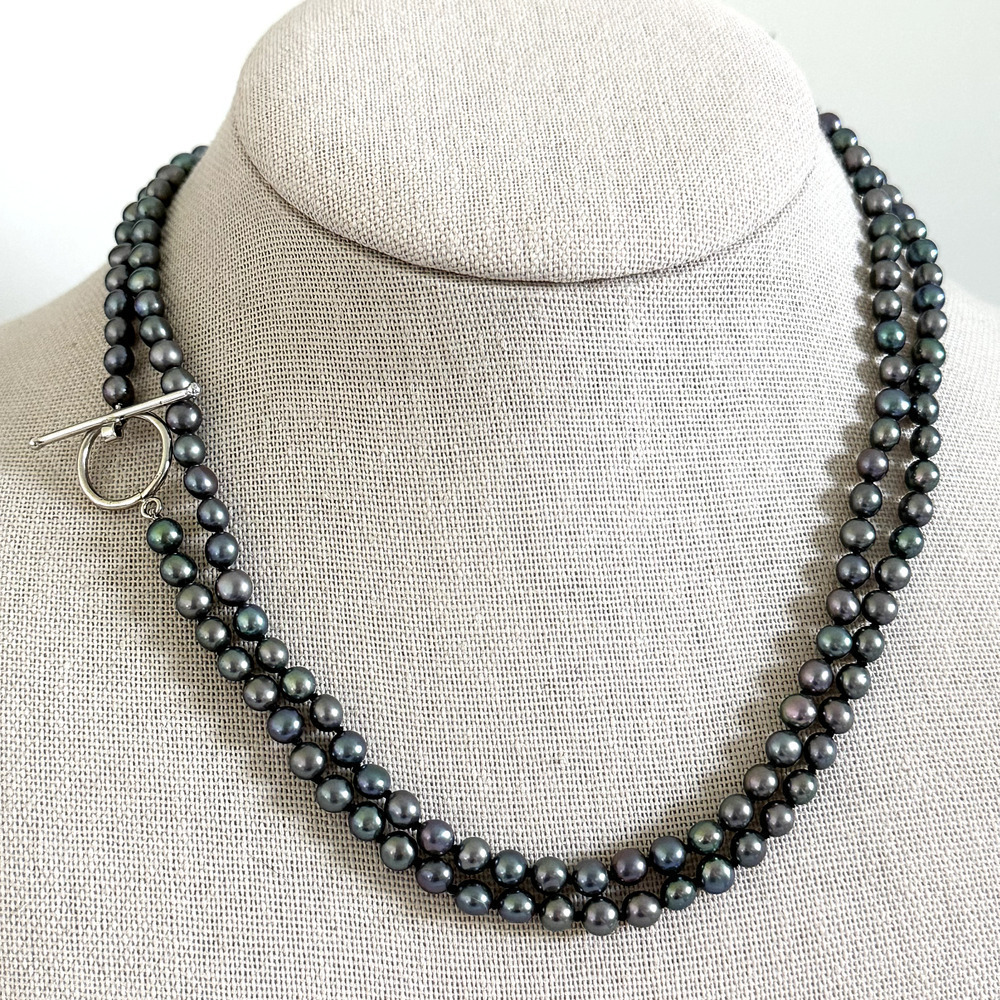 14K Solid White Gold Genuine 5MM Black Pearls Long Hand Knotted Necklace 34"